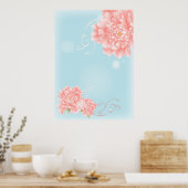 Poster boho chic bleu aquarelle fleurs rose fleurie (Cuisine)
