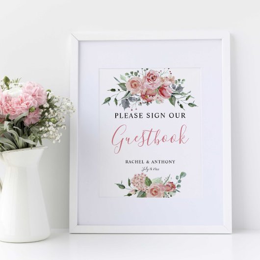 Poster Boho Chic Sign Invité Livre Mariage Floral Rose