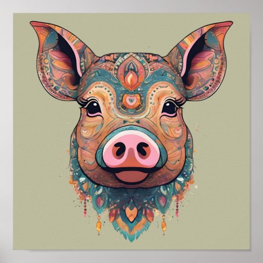 Poster Boho coloré Bohemian Pig Whimsical Art in Sage (Devant)