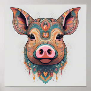 Poster Boho coloré Bohemian Pig Whimsical Wall Art