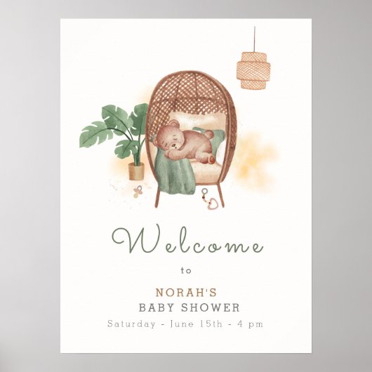 Poster Boho Cosy Teddy Bear Sleep Baby shower Bienvenue (Devant)
