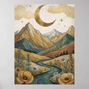 Poster Boho Croissant de Lune Montagne Rivière