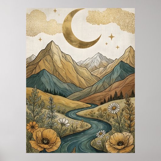 Poster Boho Croissant de Lune Montagne Rivière (Devant)