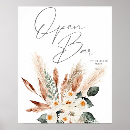 Poster Boho Cuivre Pampas & Beige Floral Open Bar Signal  (Devant)