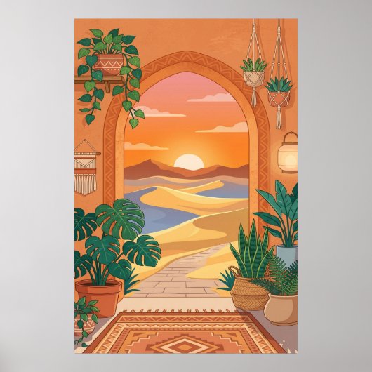 Poster Boho Desert Archway Sunset with Dunes, Hanging Pla (Devant)