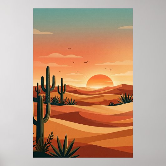 Poster Boho Desert Sunset Dunes with Cactus & Flying Bird (Devant)