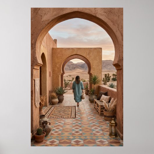 Poster Boho Desert Woman Walking to Sunset Arches, Cactus (Devant)