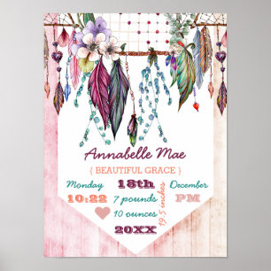 Poster Boho Dreamcatcher & Wood Baby Girl Birth Stats