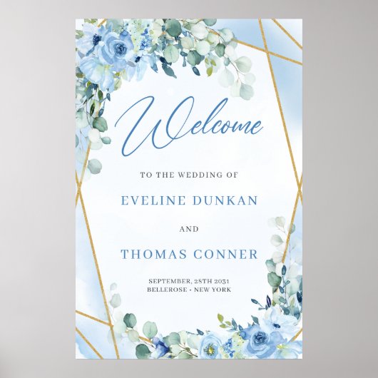 Poster Boho Dusty Blue Floral cadre or Mariage Bienvenue (Devant)