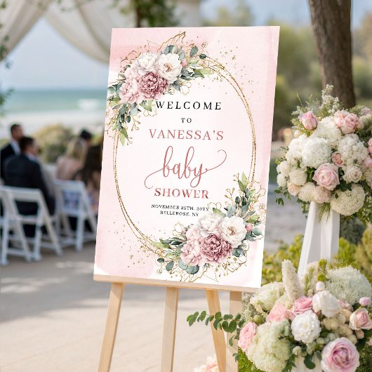 Poster Boho Dusty Pink Floral Baby Shower Welcome Sign