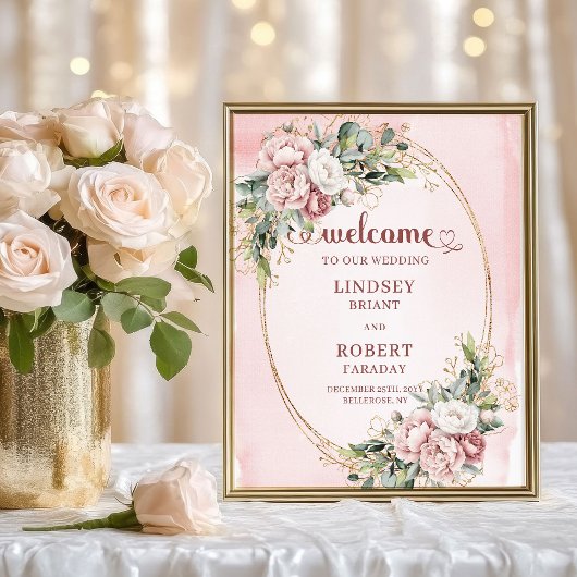Poster Boho Dusty Pink Flowers Gold Glitter Welcome Sign