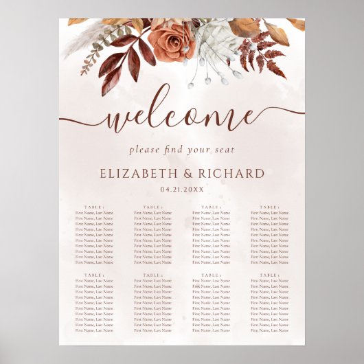 Poster Boho Fall Terracotta Fleurs Mariage Seating Chart (Devant)