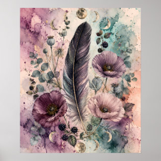 Poster Boho Feather et Poppies Phase de Lune Céleste
