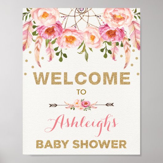 Poster Boho Floral Baby shower Blush Dreamcatcher Bienven (Devant)