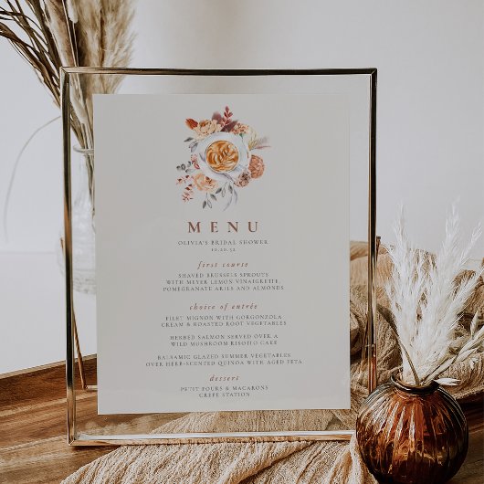 Poster Boho Floral Café Thème Fête des mariées Menu Panne