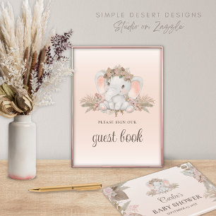 Poster Boho Floral Elephant Baby shower Invité Livre Sign