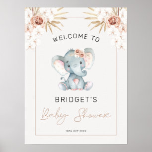 Poster Boho Floral Girls Elephant Baby shower Bienvenue