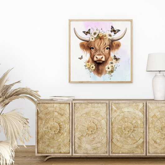 Poster Boho Floral Highland Vache avec Arrière - plan Pas