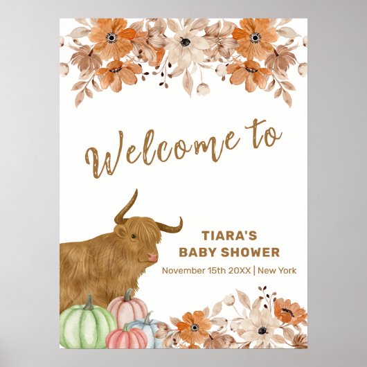Poster Boho Floral Highland Vache Baby shower Bienvenue (Devant)