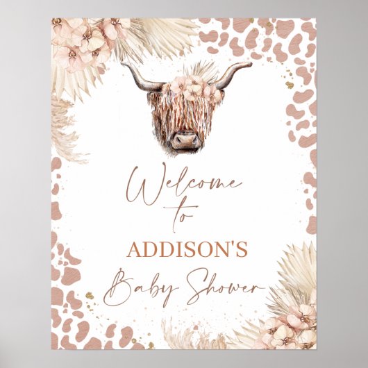 Poster Boho Floral Highland Vache Baby shower Bienvenue (Devant)