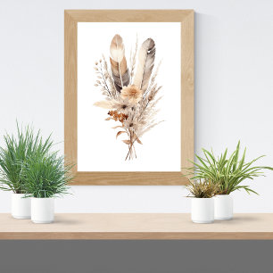 Poster Boho Florals Gris Beige Brown Plumes Botaniques