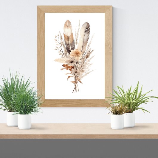 Poster Boho Florals Gris Beige Brown Plumes Botaniques