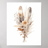 Poster Boho Florals Gris Beige Brown Plumes Botaniques (Devant)