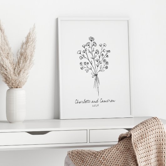 Poster Boho Flower Line Art Dessin Mariage personnalisé