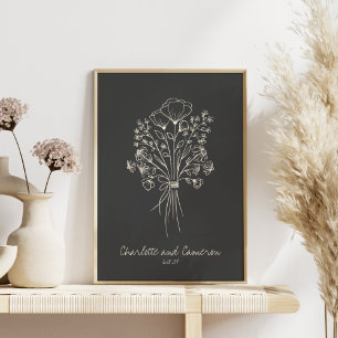 Poster Boho Flower Line Art Dessin Noms personnalisés