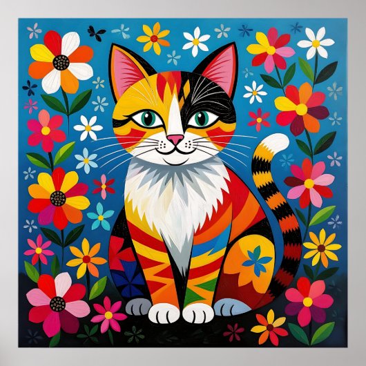 Poster Boho Folk Art Cat, Flowers & Butterfly (Devant)