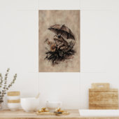 Poster Boho Frog Under Umbrella With Fall Flowers Print (Cuisine)