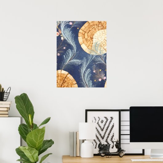 Poster Boho Grain de Bois Éventail et Navy Plume Botaniqu (Bureau à domicile)