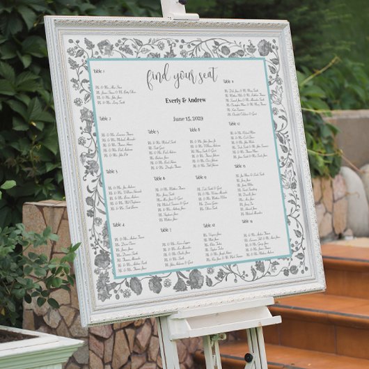 Poster Boho gris Fleur sauvage Floral Bleu Frontières