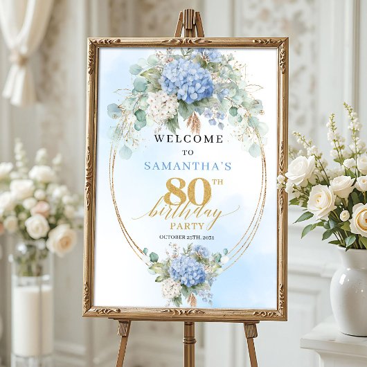 Poster Boho Hydrangeas Gold Dusty Blue 80 birthday welcom