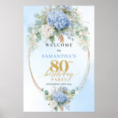 Poster Boho Hydrangeas Gold Dusty Blue 80 birthday welcom (Devant)