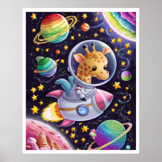 Poster Boho Illustration Girafe naviguant dans l'Espace