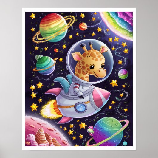 Poster Boho Illustration Girafe naviguant dans l'Espace (Devant)