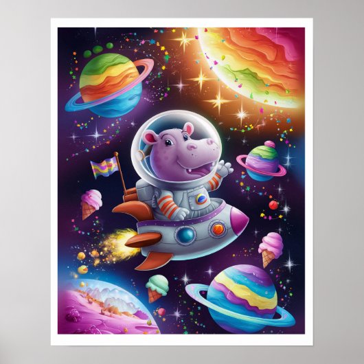 Poster Boho Illustration Hippopotame dans l'Espace (Devant)