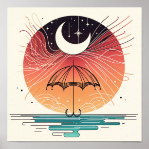 Poster Boho Lune sur Parapluie avec Étoiles Filantes