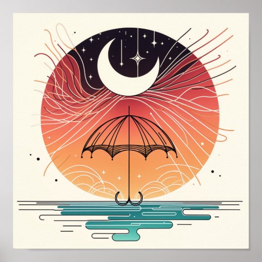 Poster Boho Lune sur Parapluie avec Étoiles Filantes (Devant)