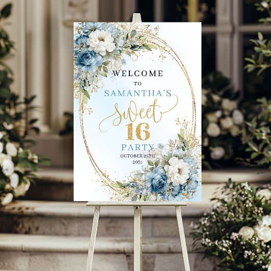 Poster Boho Luxe Panneau de Sweet 16 Fleurs Bleu Clair et