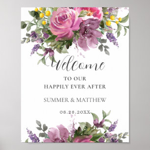 Poster Boho Magenta rose violet Mariage Floral Bienvenue