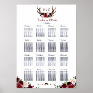 Poster Boho Merlot Marine Blue Floral Antlers