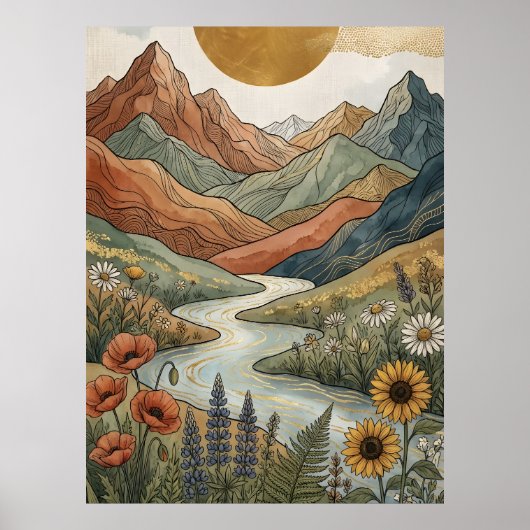 Poster Boho Montagne Céleste Rivière Dorée Tournesol (Devant)