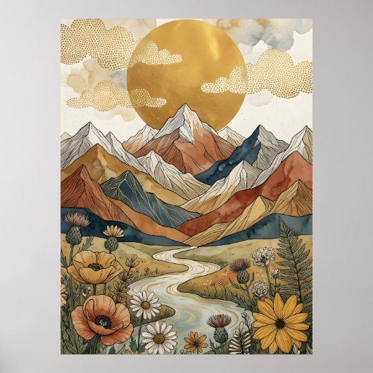 Poster Boho Montagne Céleste Rivière Soleil Prairie (Devant)