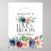 Poster Boho Navy Pink Floral Love in Bloom Bridal Shower (Devant)