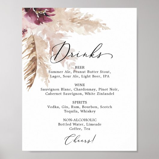 Poster Boho Pampas Grass Mariage Boire Menu Signer (Devant)