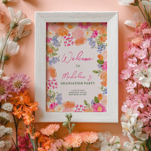 Poster Boho Peach Pink Floral Graduation Party Bienvenue