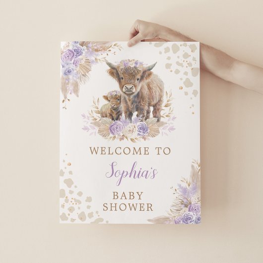 Poster Boho Purple Highland Vache Bébé Fille Douche Bienv