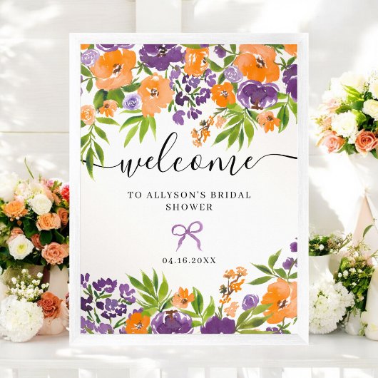 Poster Boho Purple Orange Floral Bienvenue